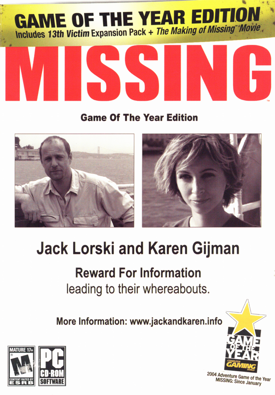 Front Cover for Missing: Game of the Year Edition (Windows)