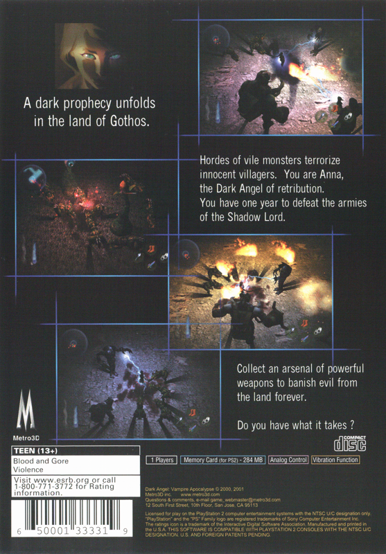 Back Cover for Dark Angel: Vampire Apocalypse (PlayStation 2)