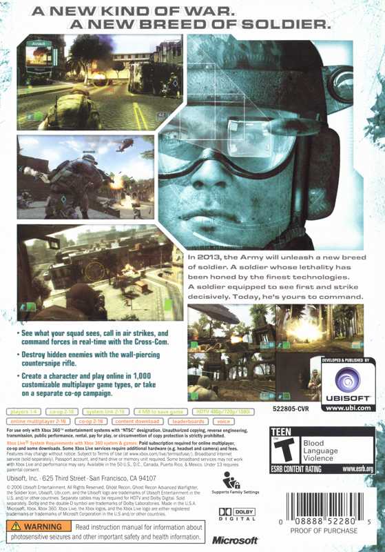 Back Cover for Tom Clancy's Ghost Recon: Advanced Warfighter (Xbox 360) ("Proof of Purchase" cover variation)
