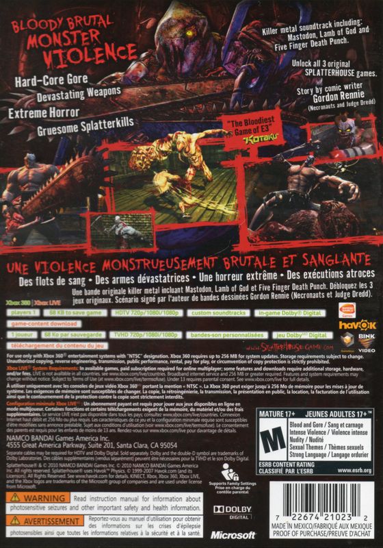 Back Cover for Splatterhouse (Xbox 360)