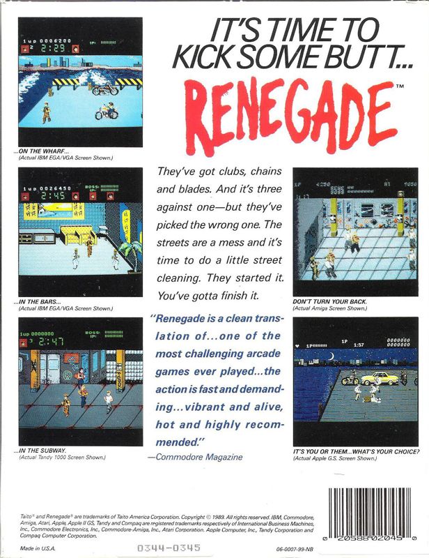 Back Cover for Renegade (DOS) (3.5"/5.25" disk release)
