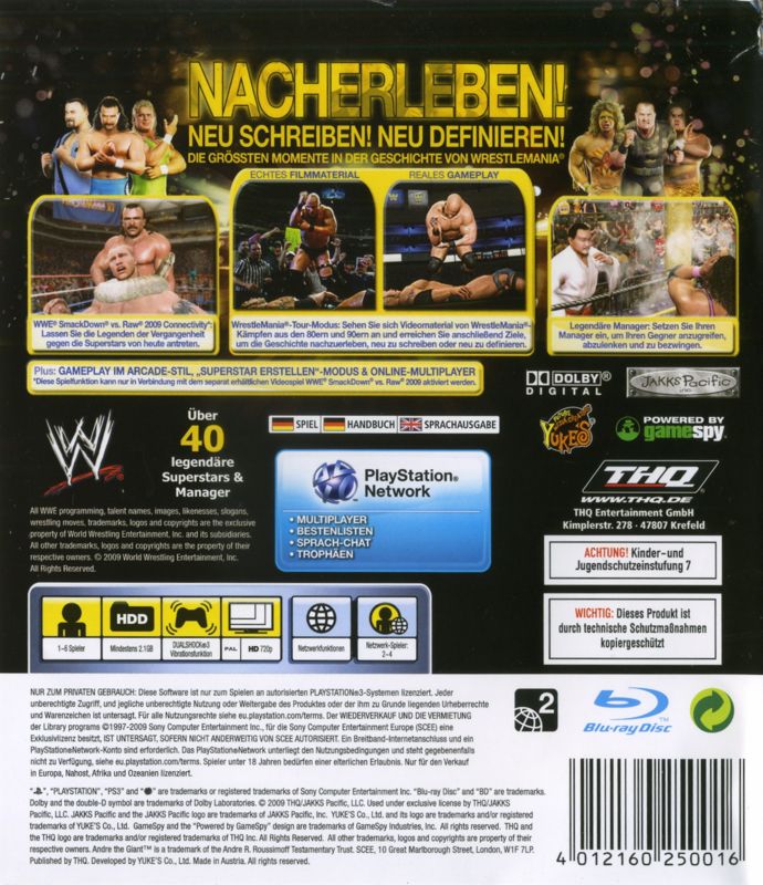 Back Cover for WWE Legends of WrestleMania (PlayStation 3)