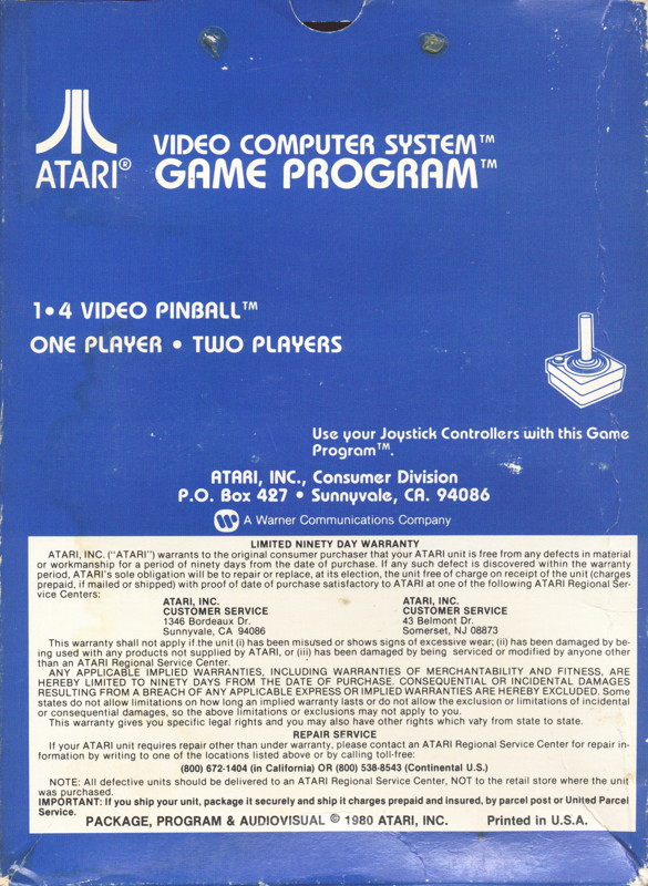 Back Cover for Video Pinball (Atari 2600) (2nd Alternate Cover)