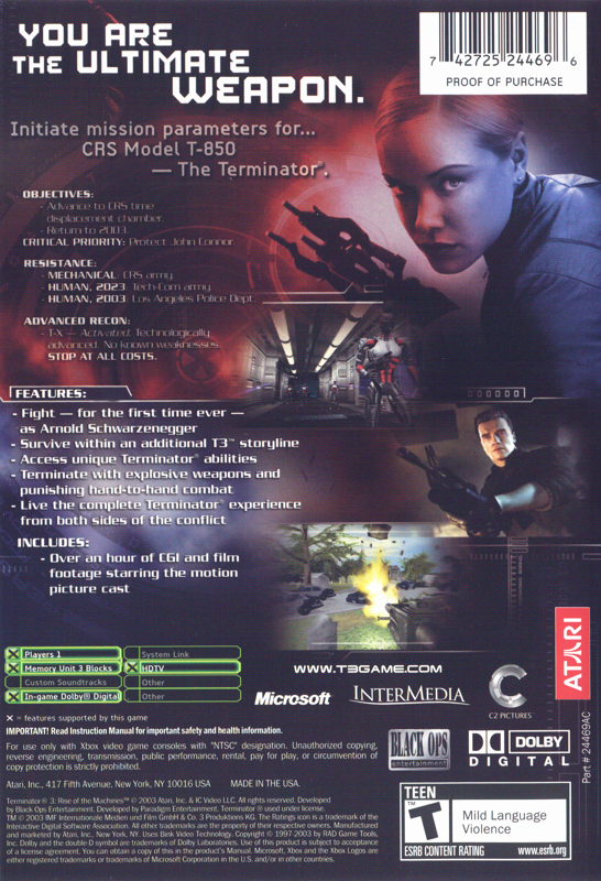 Back Cover for Terminator 3: Rise of the Machines (Xbox)