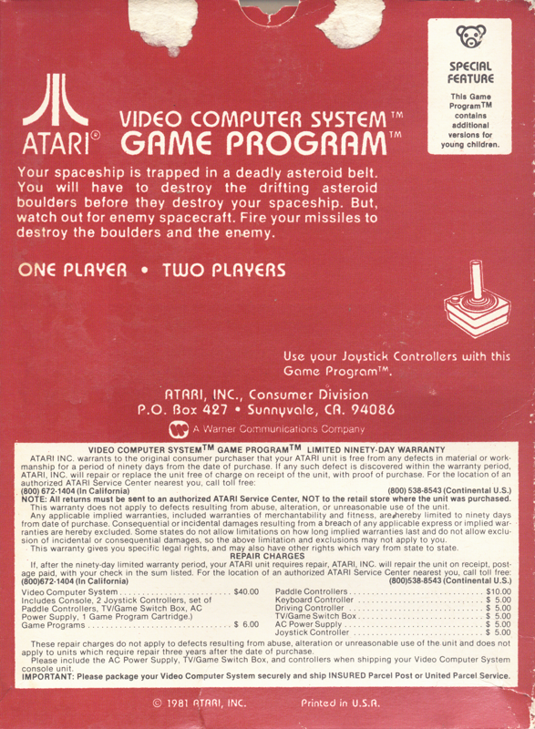 Back Cover for Asteroids (Atari 2600) (Back cover variation)