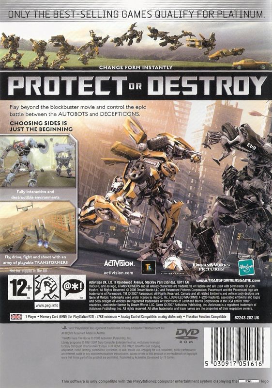 Back Cover for Transformers: The Game (PlayStation 2) (Platinum release)