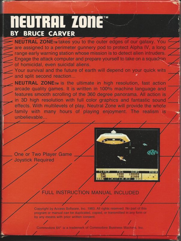 Back Cover for Neutral Zone (Commodore 64)