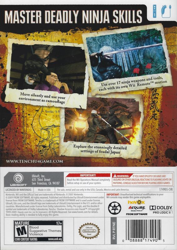 Back Cover for Tenchu: Shadow Assassins (Wii)