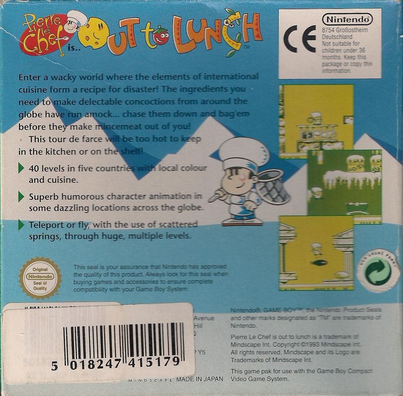 Back Cover for Pierre le Chef is... Out to Lunch (Game Boy)
