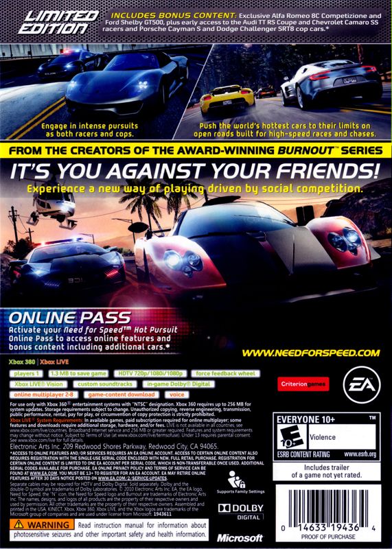 Back Cover for Need for Speed: Hot Pursuit (Limited Edition) (Xbox 360)