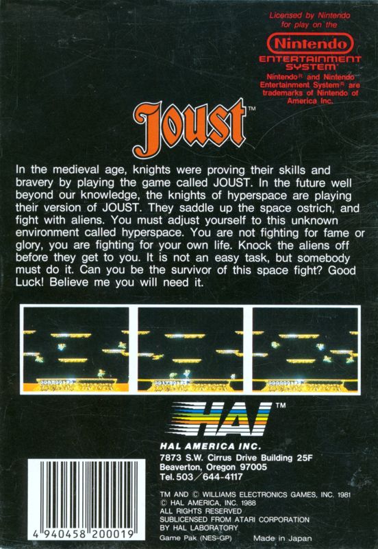 Back Cover for Joust (NES)