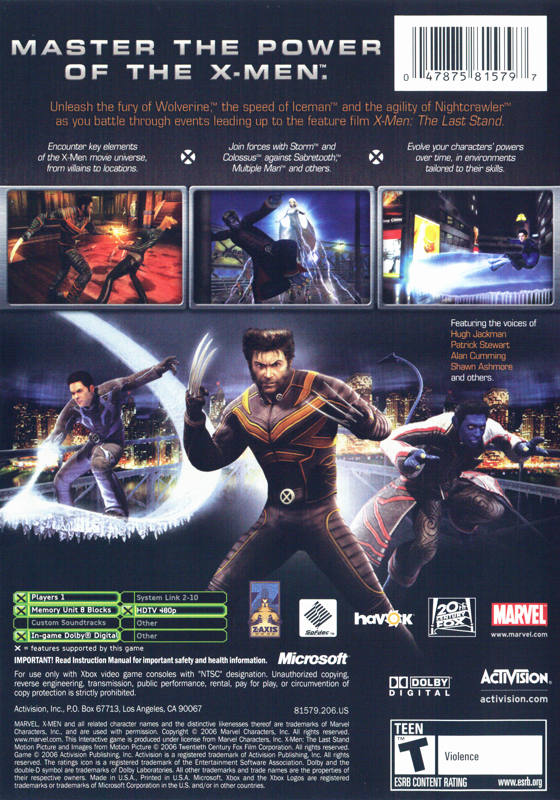 Back Cover for X-Men: The Official Game (Xbox)