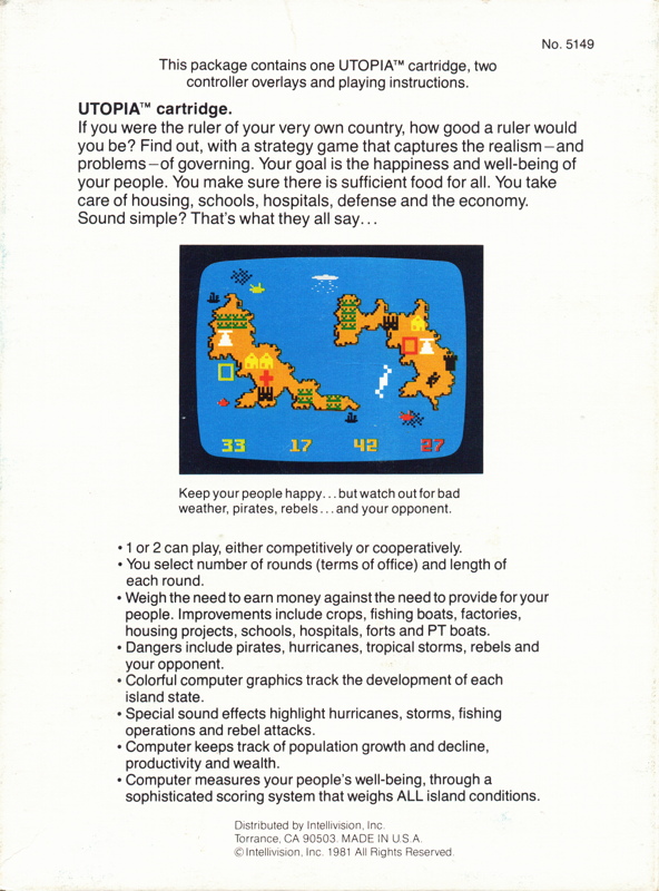 Back Cover for Utopia (Intellivision) (1981 Release)