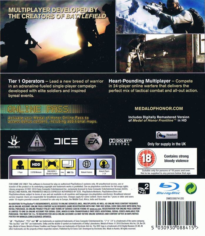 Back Cover for Medal of Honor (PlayStation 3)