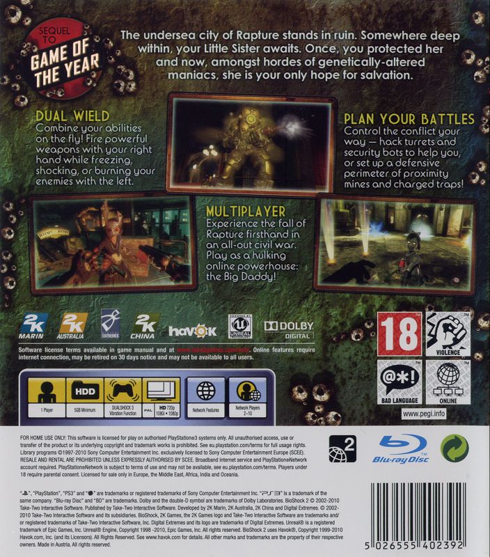 Back Cover for BioShock 2 (PlayStation 3)