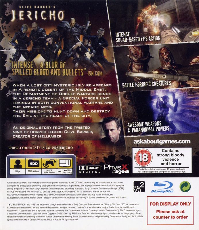 Back Cover for Clive Barker's Jericho (Special Edition) (PlayStation 3)