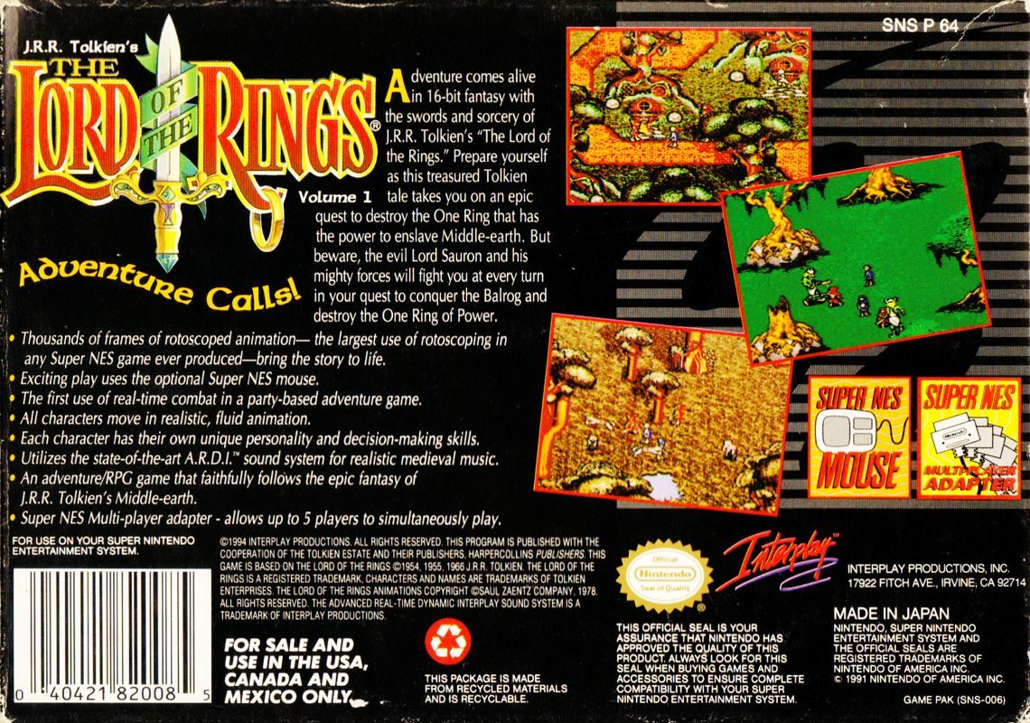 Back Cover for J.R.R. Tolkien's The Lord of the Rings: Volume 1 (SNES)