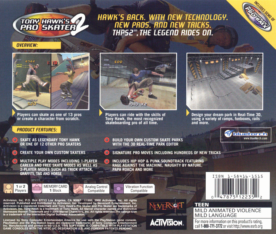 Back Cover for Tony Hawk's Pro Skater 2 (PlayStation)