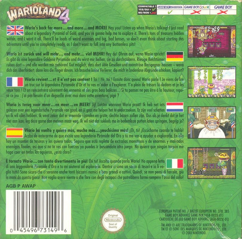 Back Cover for Wario Land 4 (Game Boy Advance)