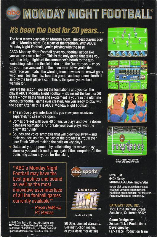 Back Cover for ABC Monday Night Football (DOS) (5.25" 1.2MB VGA Version)