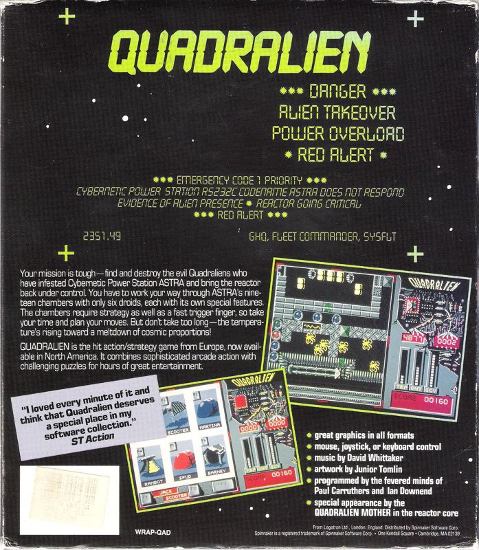 Back Cover for Quadralien (DOS) (5.25" Disk Version)