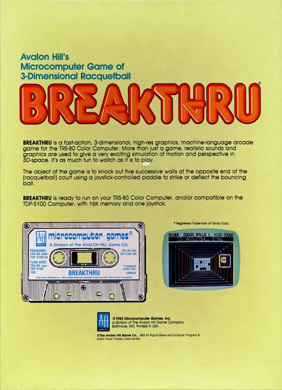 Back Cover for 3-D Brickaway (TRS-80 CoCo)