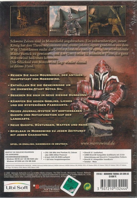 Back Cover for The Elder Scrolls III: Tribunal (Windows) (English version with German manual)