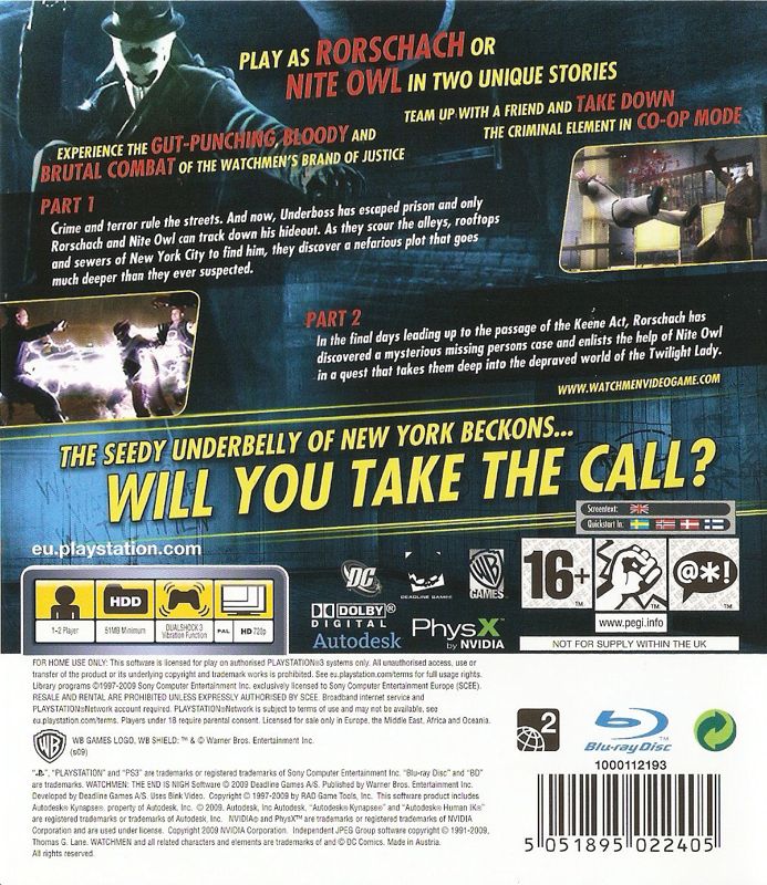 Back Cover for Watchmen: The End Is Nigh - Parts 1 and 2 (PlayStation 3)