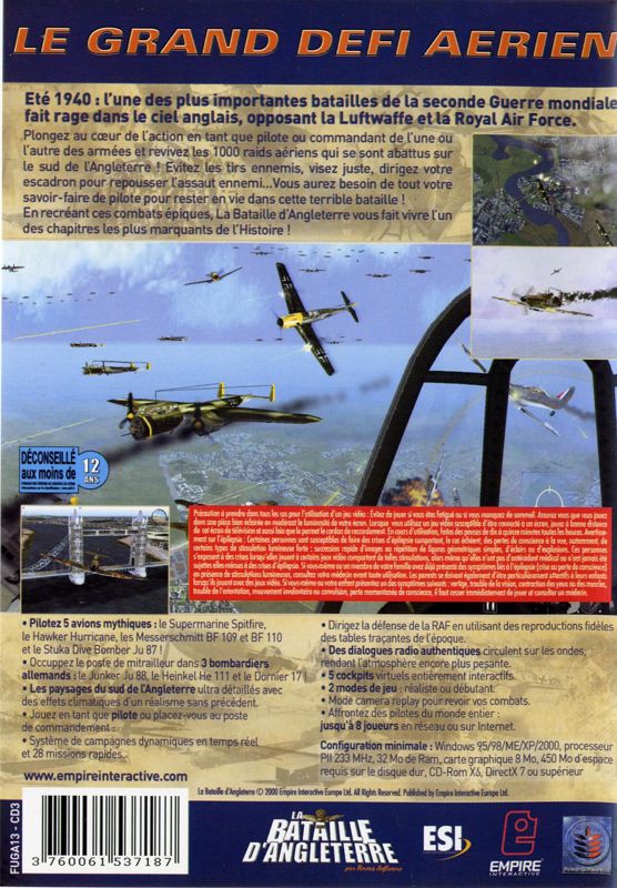 Back Cover for Rowan's Battle of Britain (Windows) (Re-release with PDF manuals (ESI 2002))