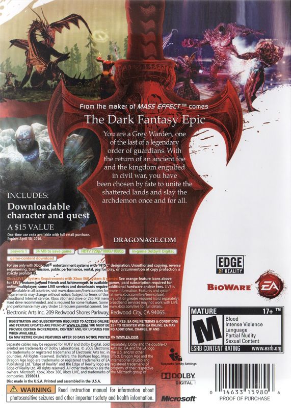 Dragon Age: Origins cover or packaging material - MobyGames