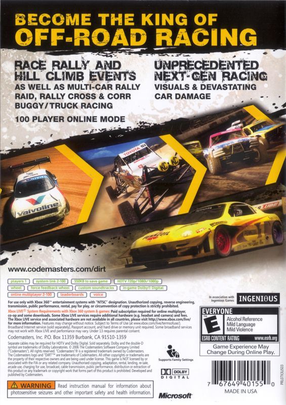 Back Cover for DiRT (Xbox 360)