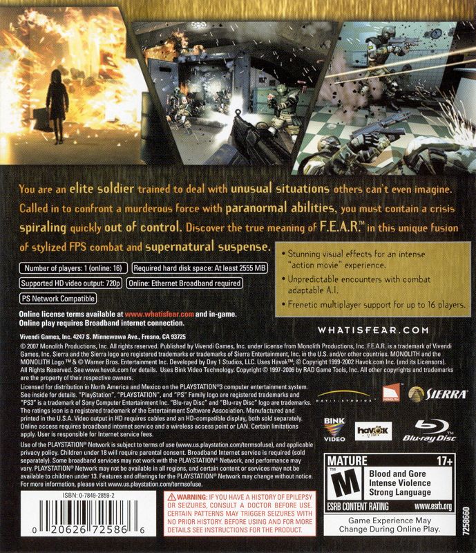 Back Cover for F.E.A.R.: First Encounter Assault Recon (PlayStation 3)