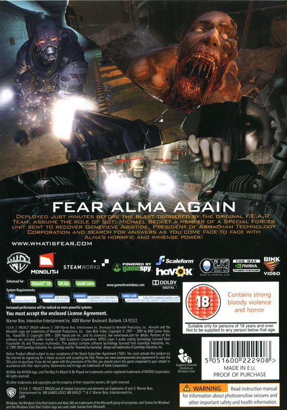 Back Cover for F.E.A.R. 2: Project Origin (Windows)