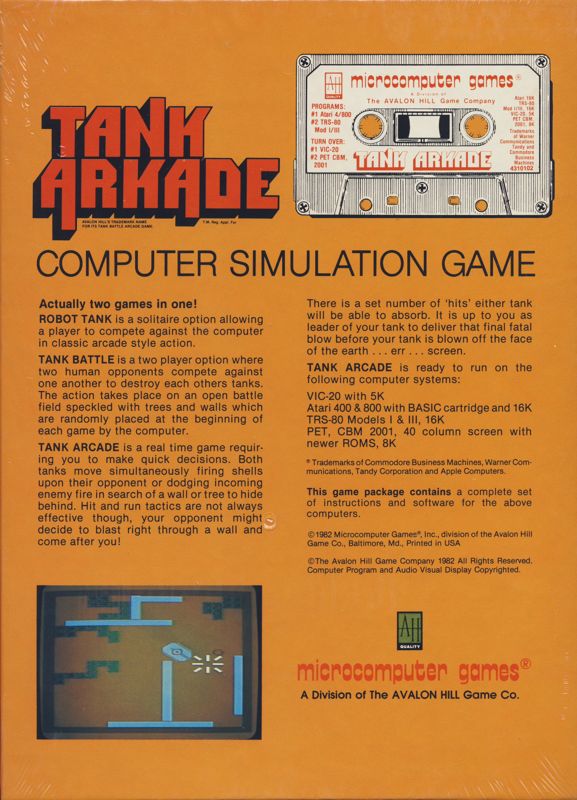 Back Cover for Tank Arkade (Atari 8-bit and Commodore PET/CBM and TRS-80 and VIC-20)