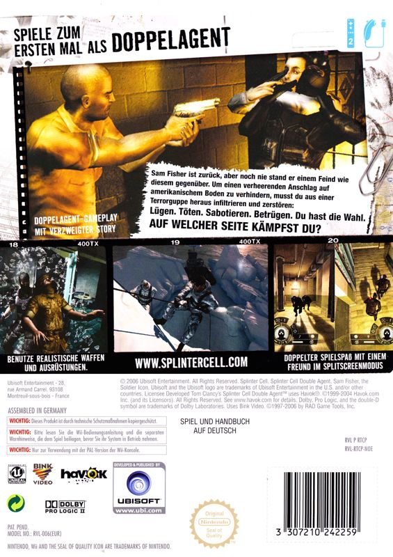 Back Cover for Tom Clancy's Splinter Cell: Double Agent (Wii)