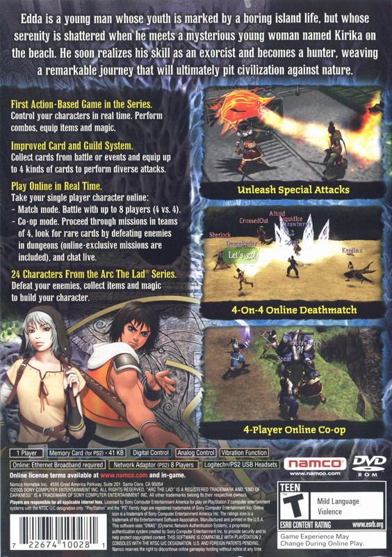 Back Cover for Arc the Lad: End of Darkness (PlayStation 2)