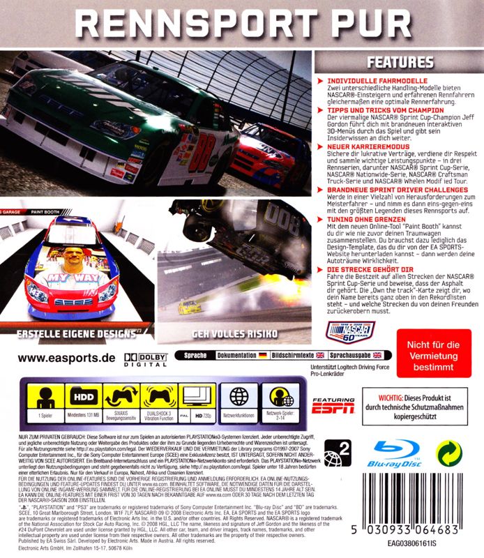 Back Cover for NASCAR 09 (PlayStation 3)