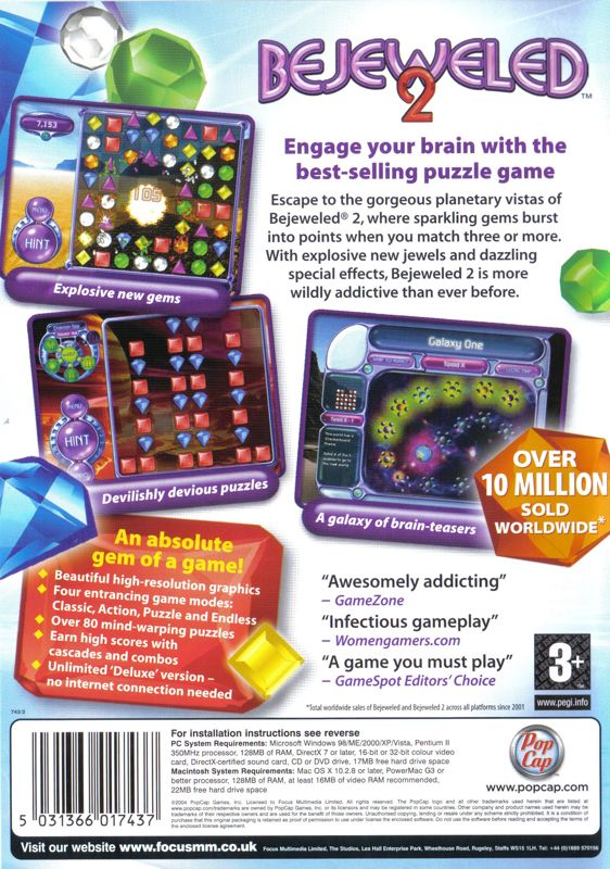 Back Cover for Bejeweled 2: Deluxe (Macintosh and Windows) (Focus Multimedia release)