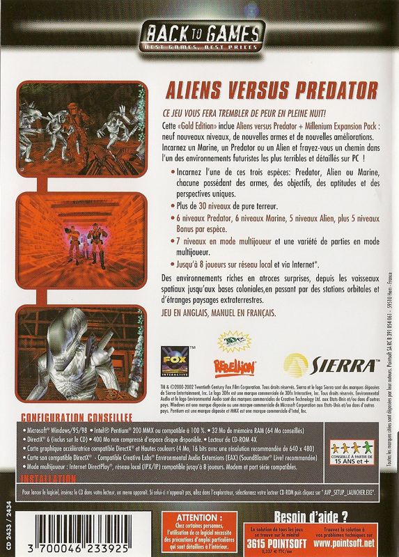 Back Cover for Aliens Versus Predator: Gold Edition (Windows) (Back to Games release)