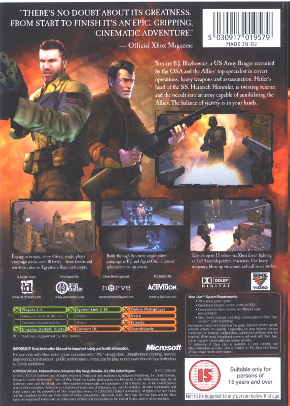 Back Cover for Return to Castle Wolfenstein: Tides of War (Xbox)