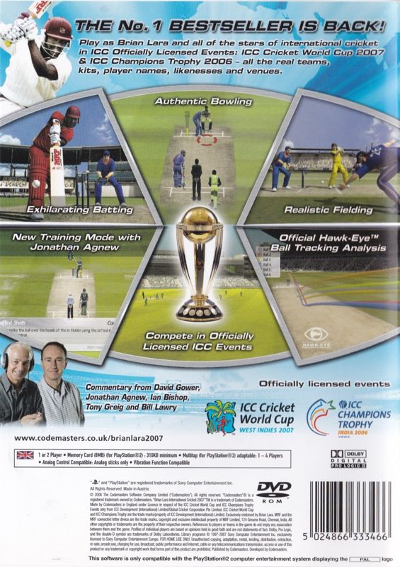 Back Cover for Brian Lara International Cricket 2007 (PlayStation 2)