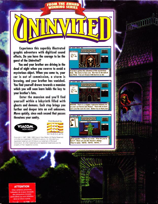 Back Cover for Uninvited (Windows 3.x)