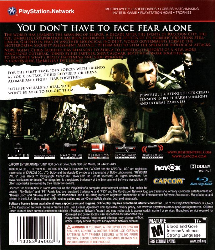 Back Cover for Resident Evil 5 (PlayStation 3) (Greatest Hits release)