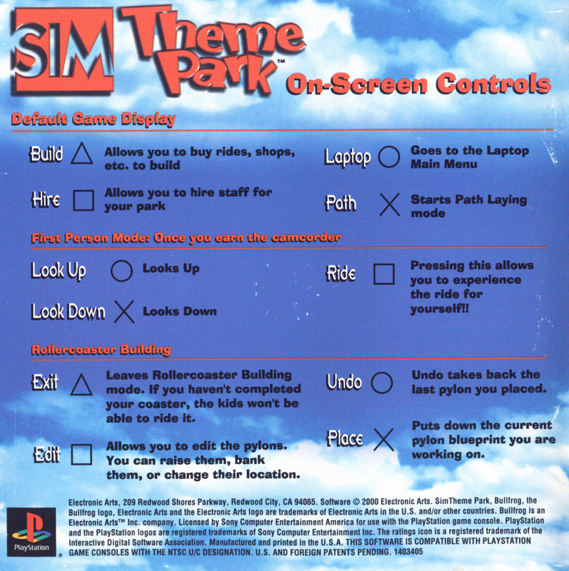 Inside Cover for Sim Theme Park (PlayStation): Front Reverse