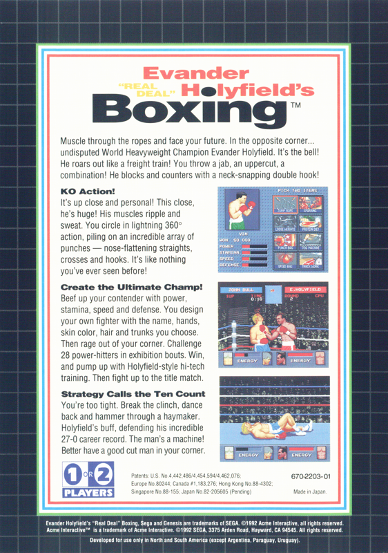 Back Cover for Evander Holyfield's "Real Deal" Boxing (Genesis)