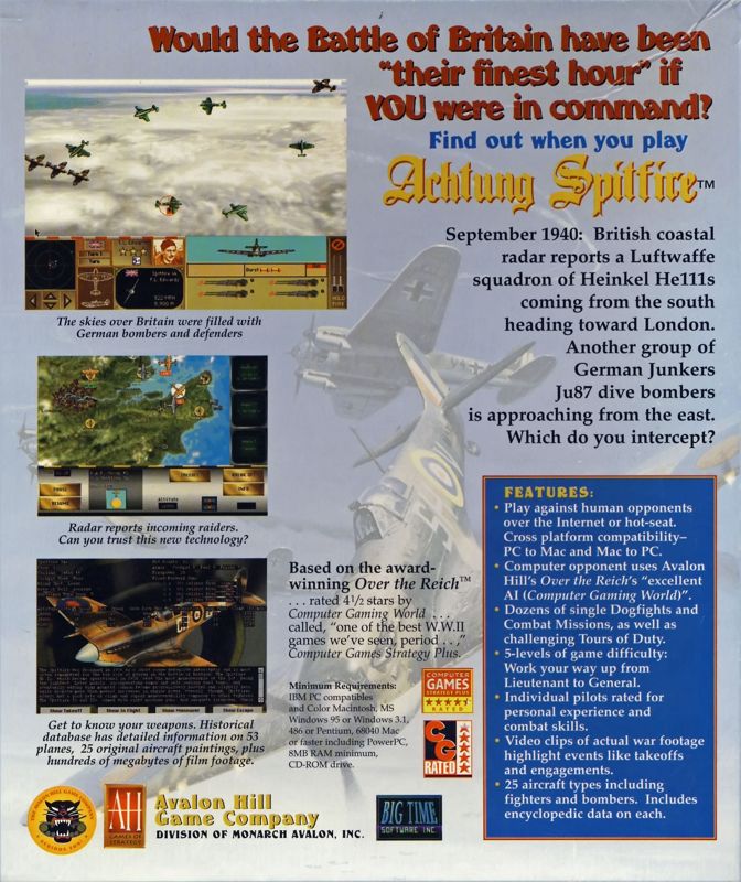 Back Cover for Achtung Spitfire (Macintosh and Windows and Windows 3.x)