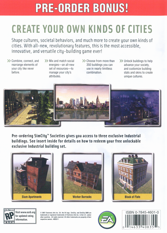Back Cover for SimCity Societies (Windows) (Pre-Order Bonus (Contains SimCity 3000, and 3 exclusive buildings))