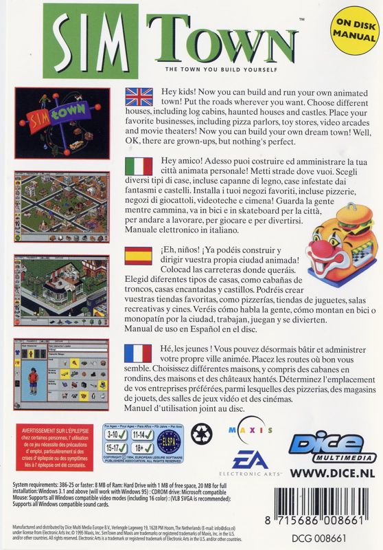 Back Cover for SimTown (Windows and Windows 3.x) (Dice Multimedia release)