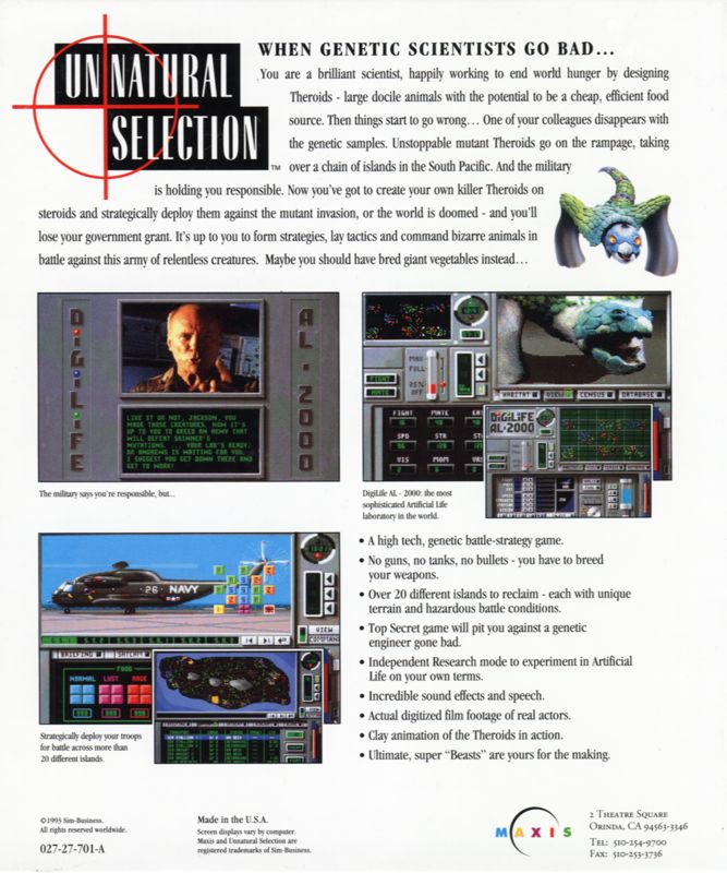 Back Cover for Unnatural Selection (DOS) (Review Copy)