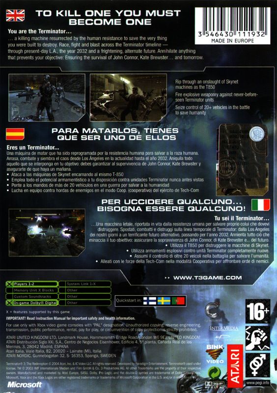 Back Cover for Terminator 3: The Redemption (Xbox)